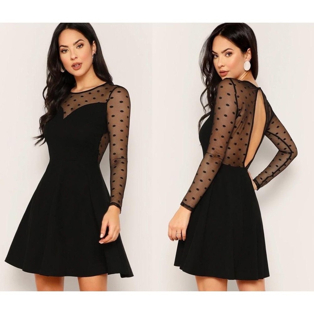 Elegant Black Sheer Polka Dot Dress